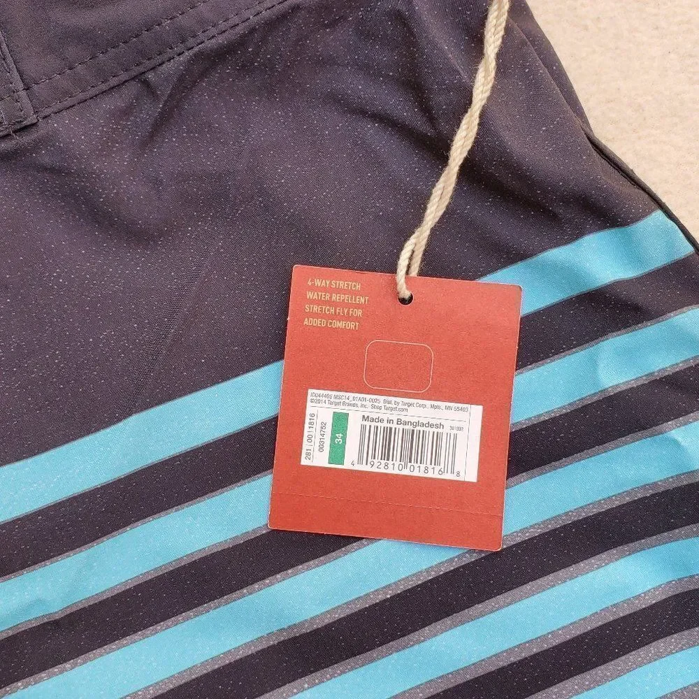 Mossimo black, teal, and gray striped board shorts